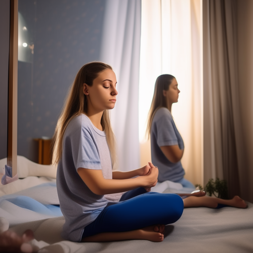 A teenage girl sitting cross-legged on her bed, eyes closed in peaceful meditation, while her mirror reflection sits beside her radiating a sense of calm and comfort