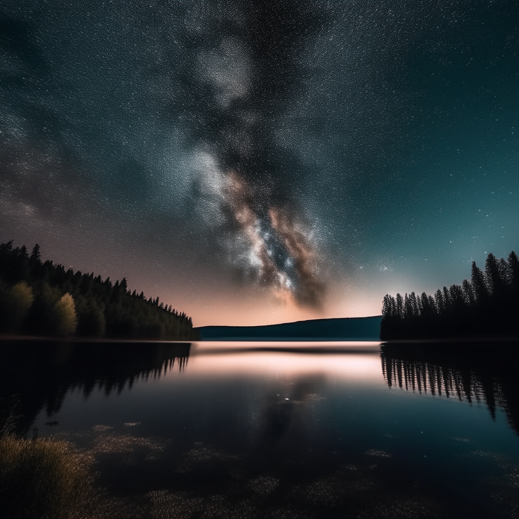 A night sky filled with thousands of bright stars, their light reflecting off a calm lake below