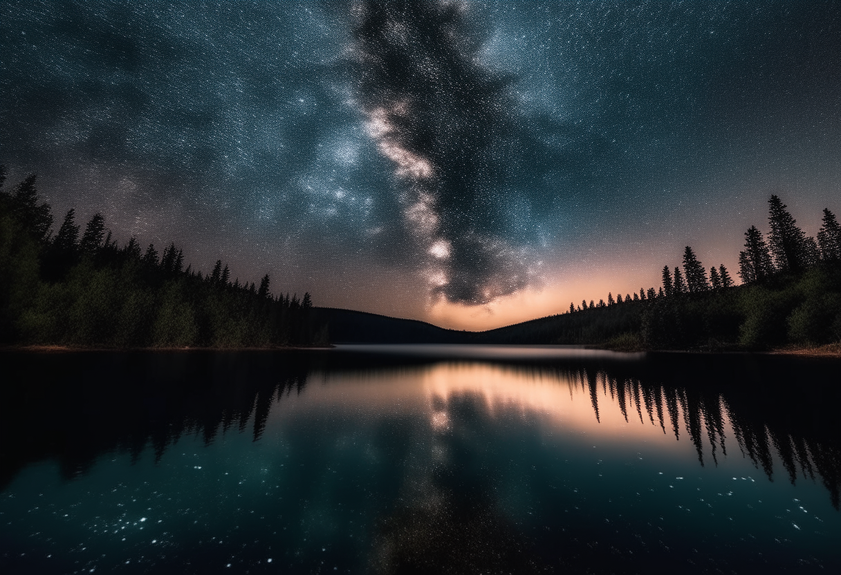 A night sky filled with thousands of bright stars, their light reflecting off a calm lake below