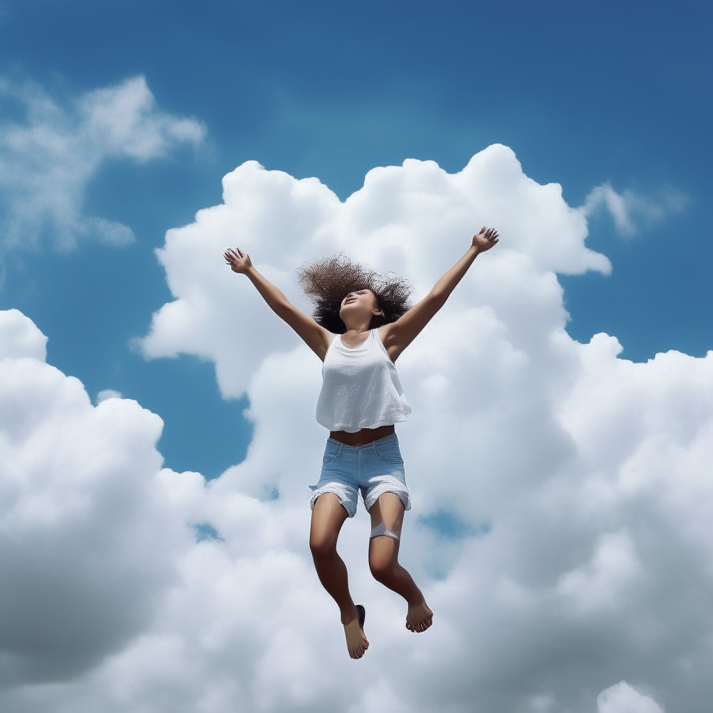 A young person joyfully leaping up with outstretched arms against a backdrop of fluffy white clouds