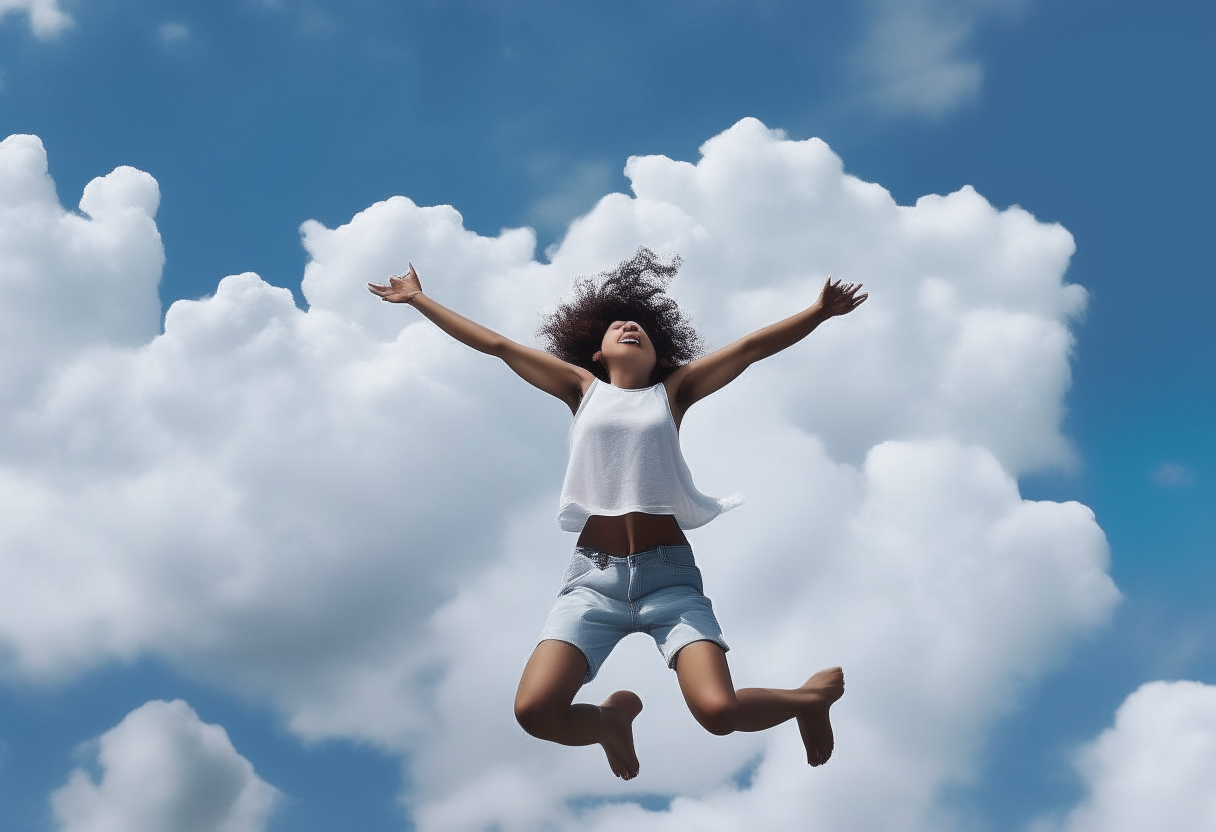 A young person joyfully leaping up with outstretched arms against a backdrop of fluffy white clouds