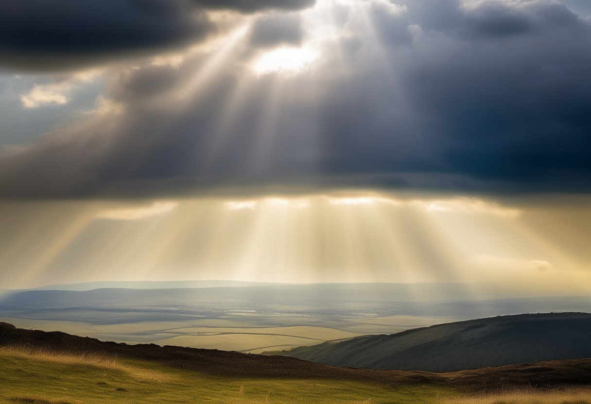 A cloudy sky just as the sun suddenly breaks through, its bright rays illuminating the landscape below