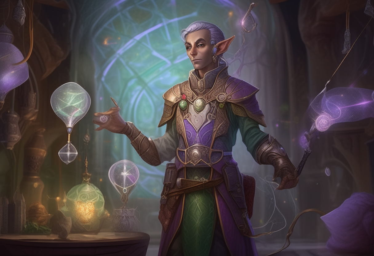 A half-elf artificer in ornate plate armor, holding a staff topped with a glowing gem. Scrolls and vials of potions hang from their belt. Behind them, gears and magical runes float in a workshop.