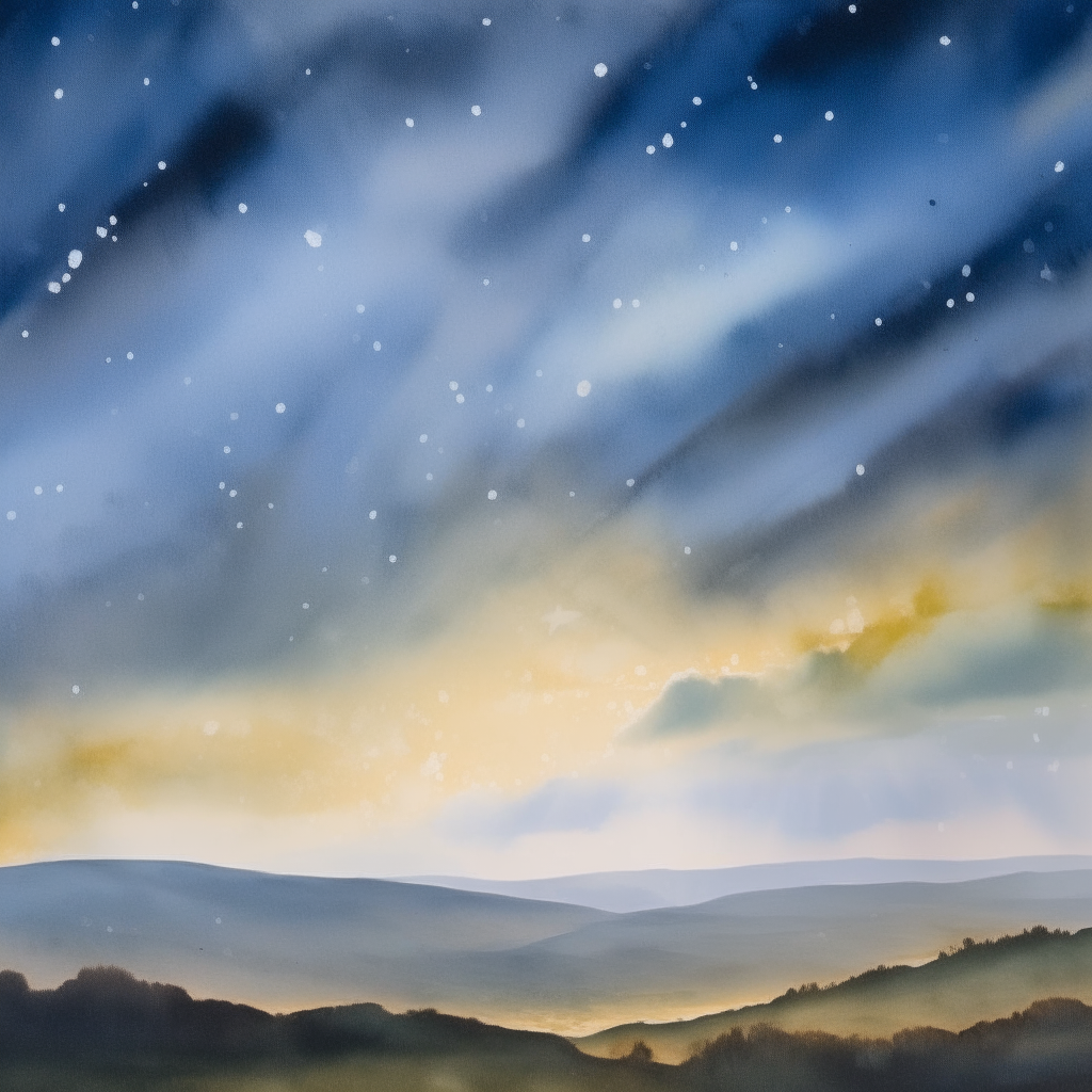 Impressionistic watercolor depiction of winter constellations blending into a star-speckled landscape