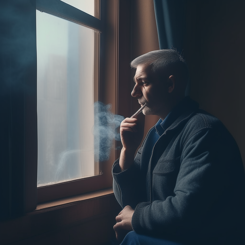 A man sits by the window with a cigarette in his hand and smoke rising 