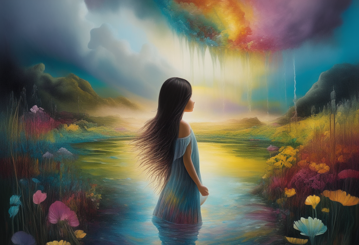 a surreal dreamscape where a girl's identities and surroundings blend and shift - her reflection changes in rippling water, a field of flowers sways in an unseen wind, a rainbow spectrum dances across her skin