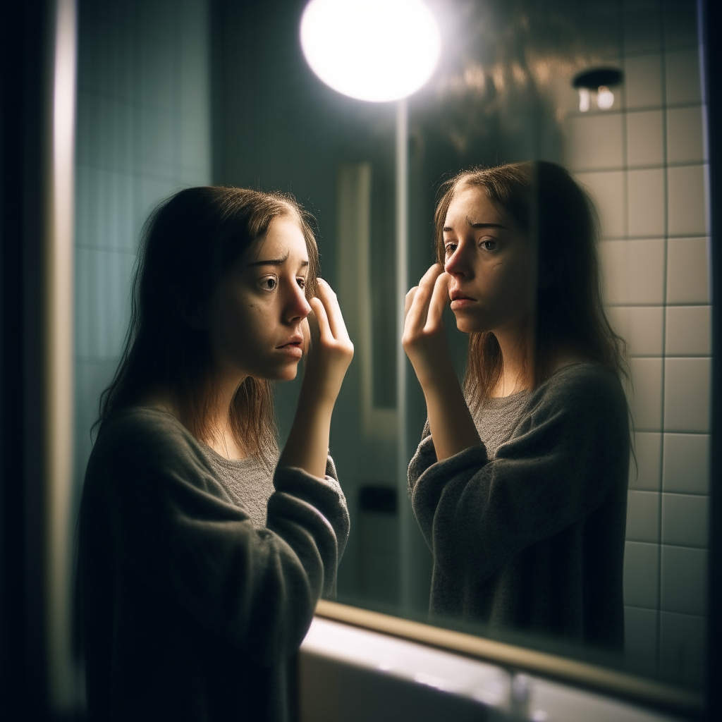 a young woman stands before a mirror in a dimly lit bathroom. Her reflection is blurred and shifting, as though seen through rippling water. She raises a hand to her face, unsure of what she might find