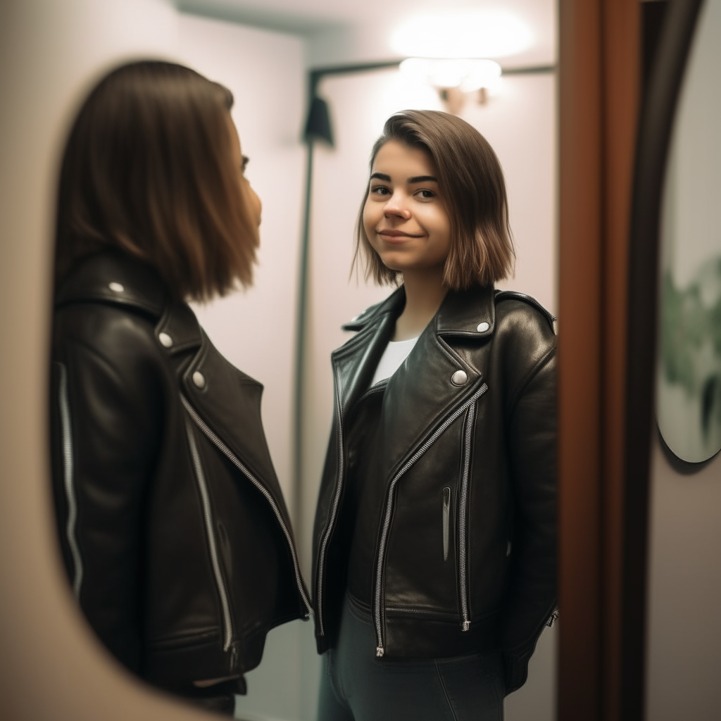 a young woman stands before a mirror in her bedroom. She wears a leather jacket and smiles confidently at her reflection, which wears the same outfit and smiles back with equal assurance