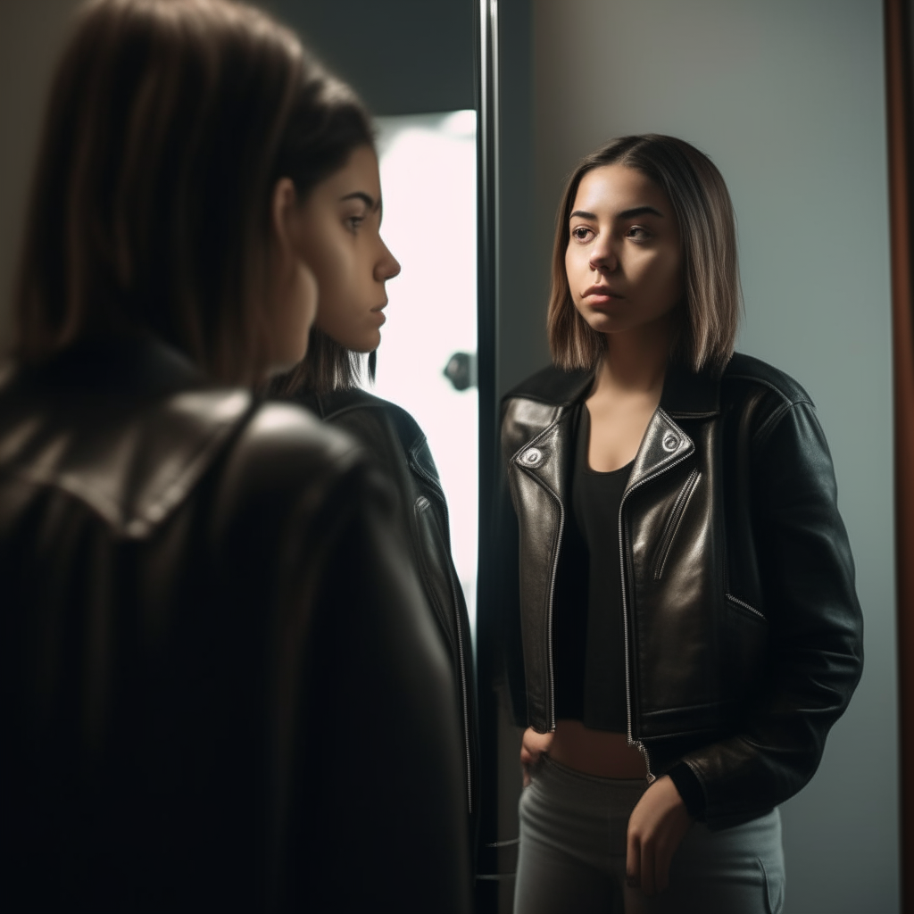 a young woman stands before a mirror in her bedroom. Outside, she looks afraid and alone, hugging herself for comfort. But within the mirror, her reflection smiles confidently in a leather jacket.