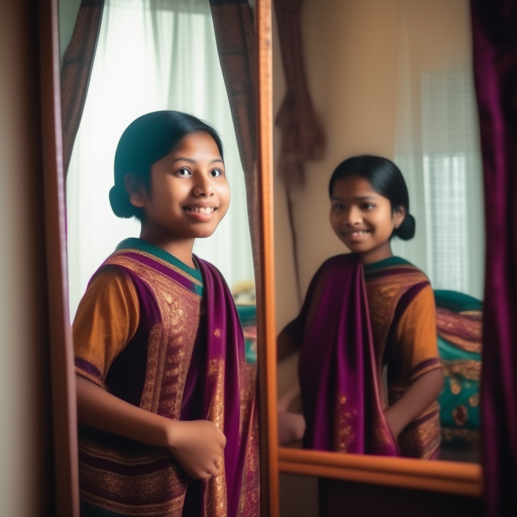 An Indonesian girl stands before a mirror in her bedroom. Outside she looks afraid, but within her sari-clad reflection smiles confidently