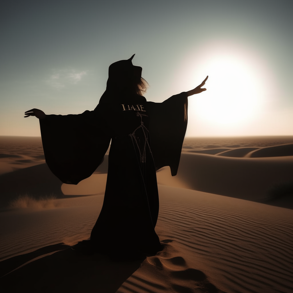 Photo of a witch named 'Sable' in a desert at dusk, with a drifting message that says 'Embrace change'. Sable stands tall, wearing dark brown robes, her shadow stretching long into the horizon.
