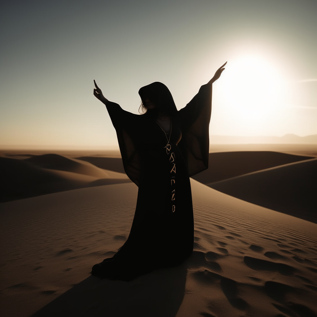 Photo of a witch named 'Sable' in a desert at dusk, with a drifting message that says 'Embrace change'. Sable stands tall, wearing dark brown robes, her shadow stretching long into the horizon.
