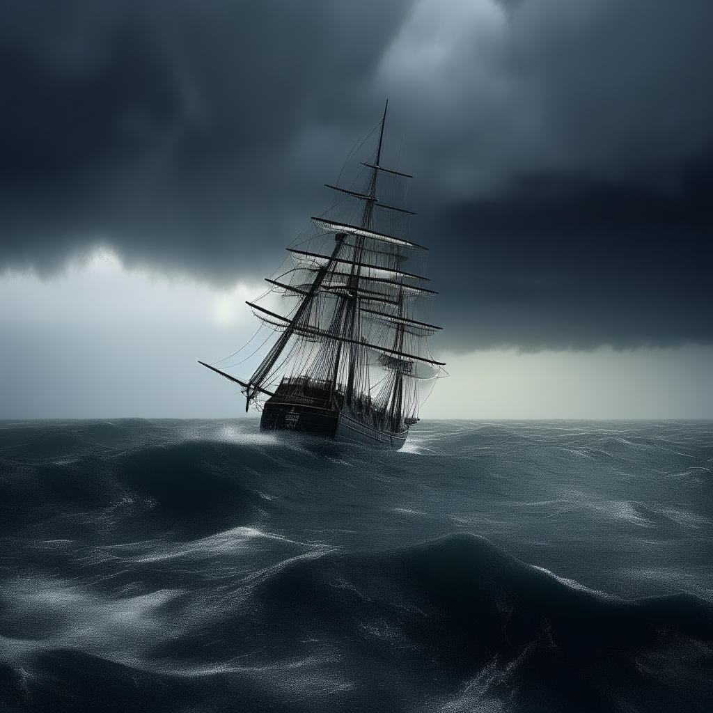 A historically accurate image of the Mary Celeste adrift in the Atlantic Ocean during a storm. The small schooner rolls in heavy seas with no crew visible on deck or in the rigging. Dark clouds loom ominously overhead.