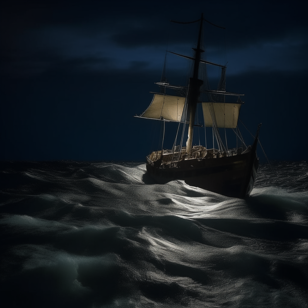 A close up view of the Mary Celeste adrift at night, captured from a search vessel. Moonlight reflects off the waves as the abandoned ship bobs silently, an eerie reminder of the fate of its crew who seemingly vanished without a trace.