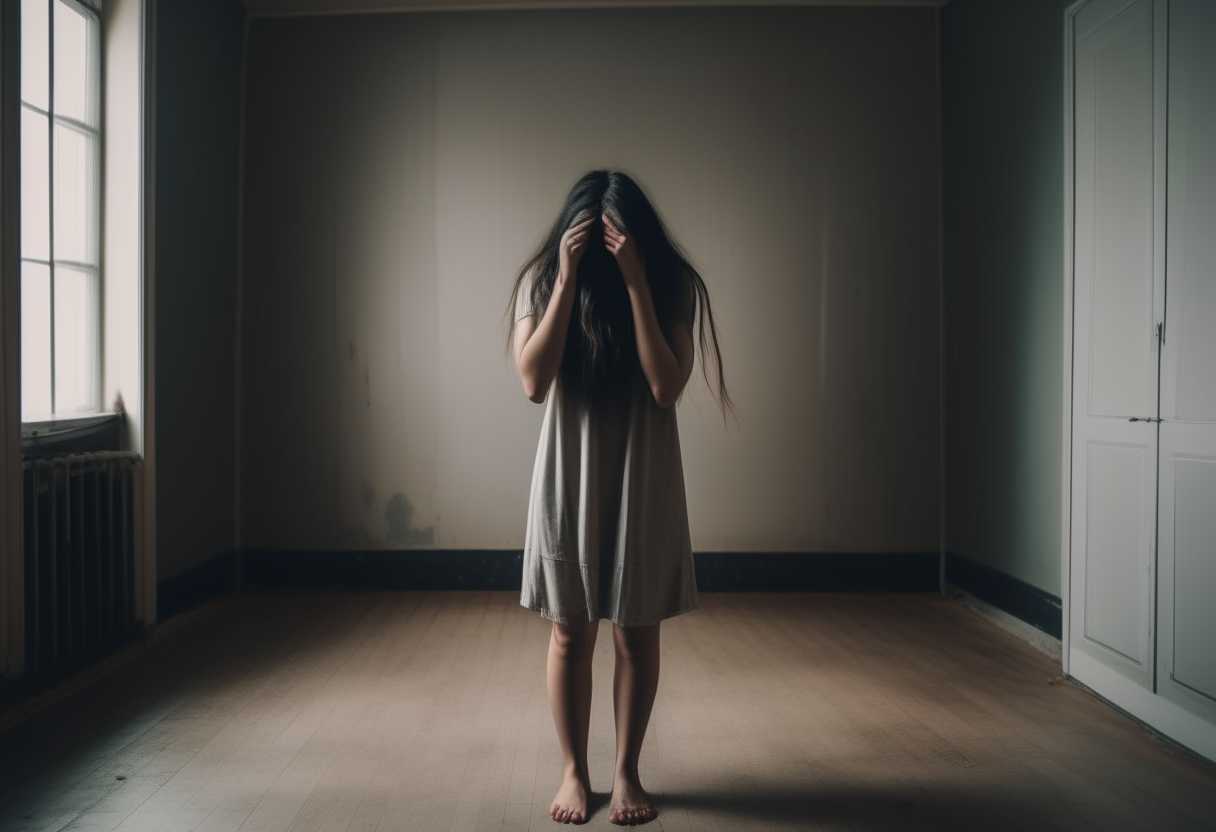 A young woman stands alone in an empty room. She has her hands pressed tightly over her ears and is staring down at the floor with a pained expression. Her long hair hangs loose, partially obscuring her face.