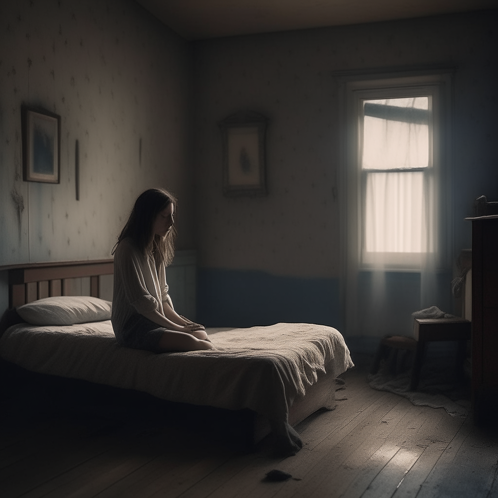 A girl sits alone on her bed in a sparsely furnished room. She hugs her knees, rocking back and forth with a distressed expression as ghostly figures of people fade in and out around her.