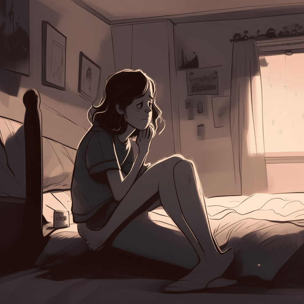 A girl sits on her bed, hugging her knees and rocking back and forth. Shadowy figures crowd all around her, their indistinct faces watching her intently.