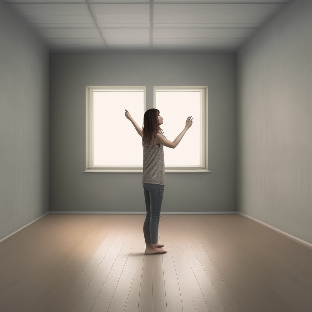 Standing alone in an empty room, a girl argues with thin air, gesturing emphatically at the people only she can see pressing in on all sides.