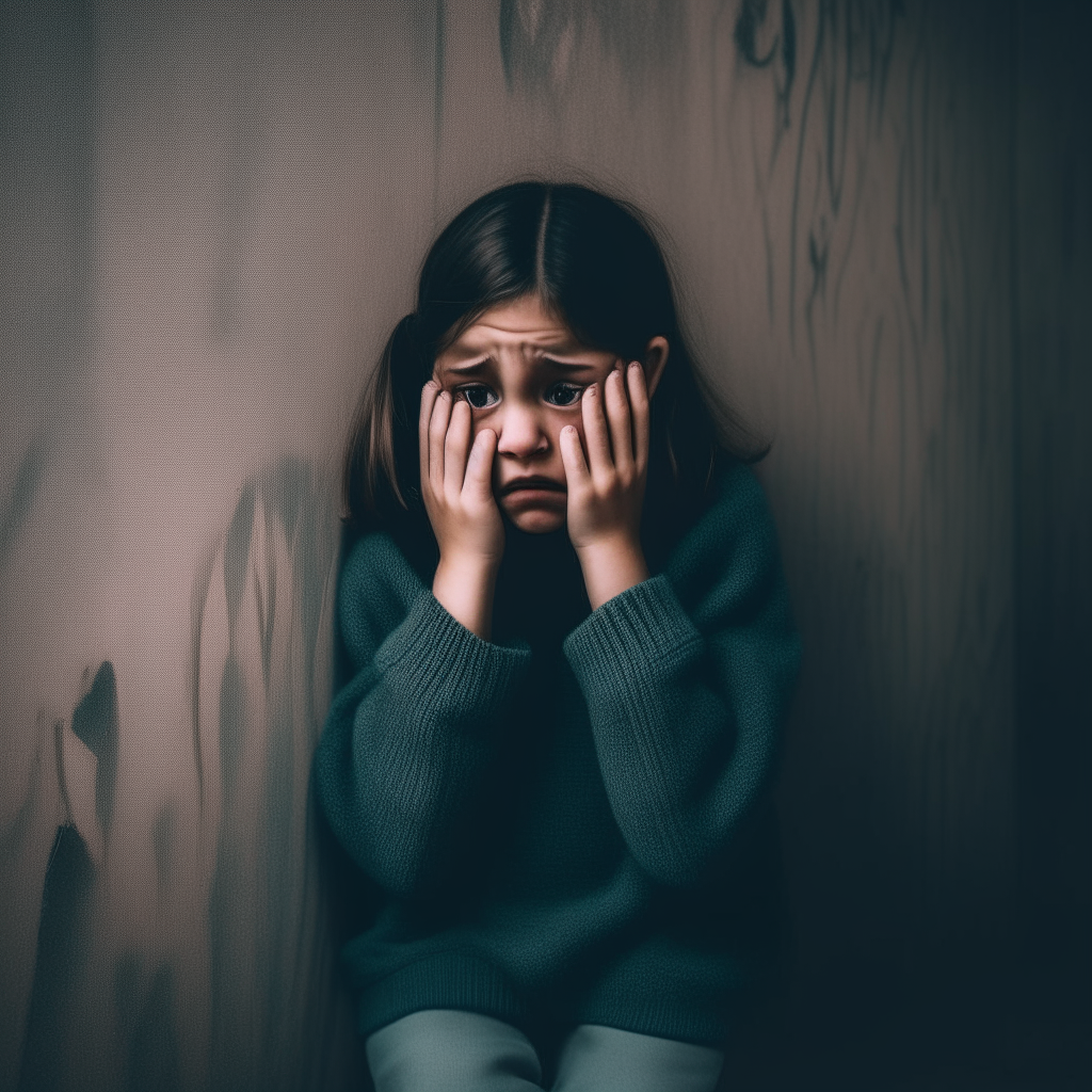 A girl sits with her back against the wall, hands pressed over her ears as though trying to block out voices no one else can hear. Her eyes are wide and fearful as she stares blankly ahead.