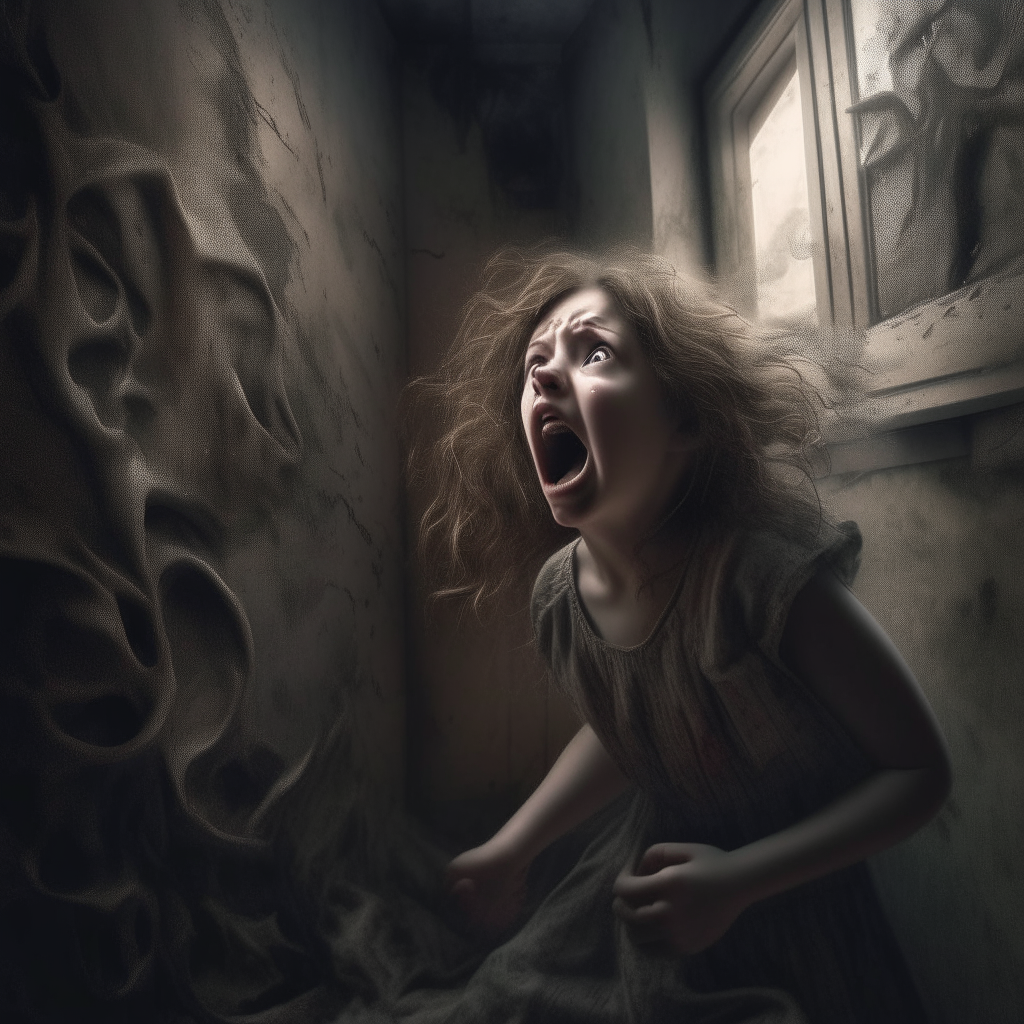 Curled in a corner, a girl rocks back and forth, alternately pleading and yelling at the hallucinated figures that torment her with unseen words and presences.