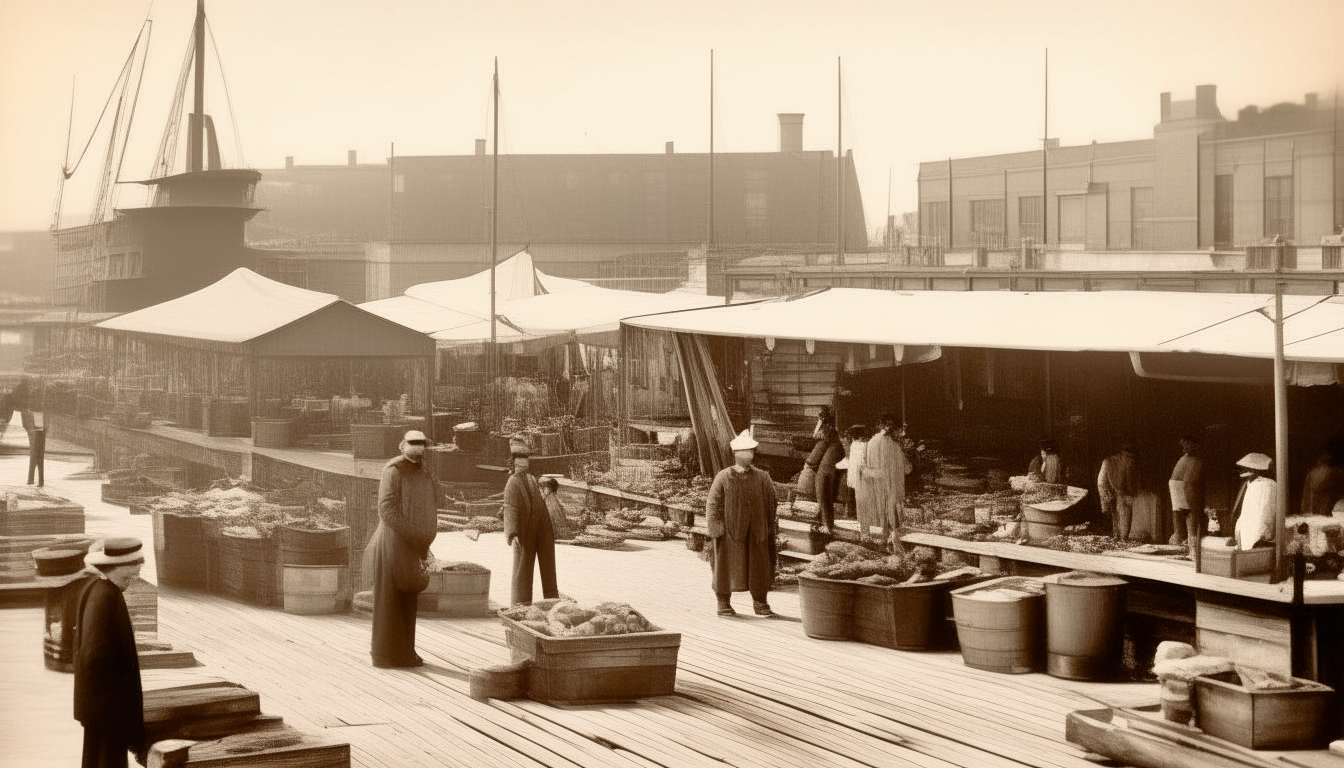 A sepia toned photograph of a 19th century fish market by the Hudson River waterfront in New York City