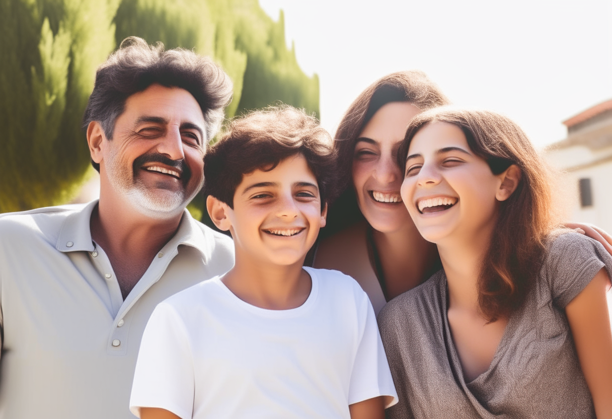 a happy italian family outdoors on a sunny day - father, mother, teenage son, young boy and girl smiling and laughing together