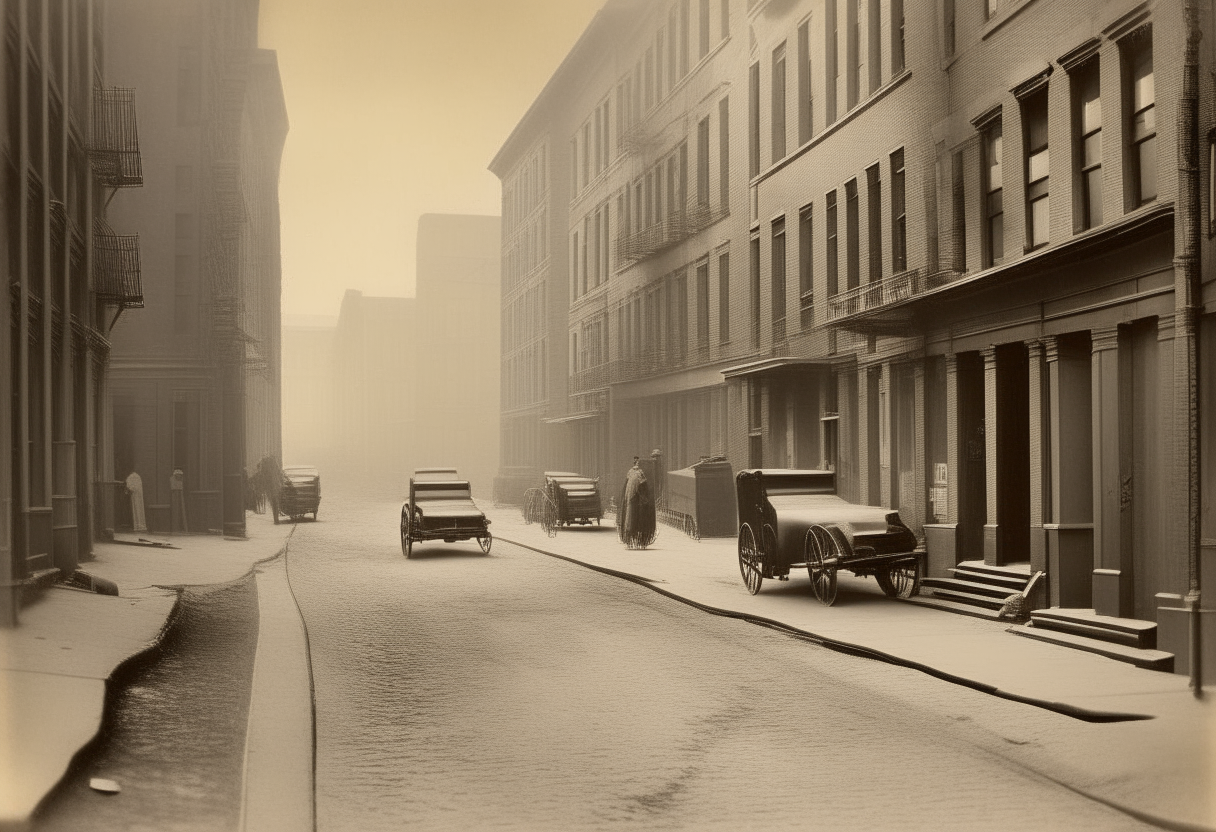a sepia toned photograph of an empty cobblestone street in New York City circa 1910 with old-fashioned cars and storefronts