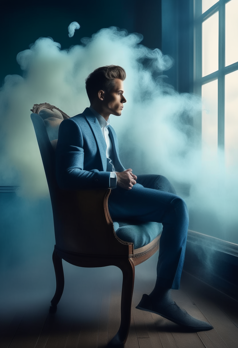 A beautiful man, with a clear body, slim, and elegant clothes, with a window next to him, and he is in a chair contemplating, and the background is billowing blue smoke. 