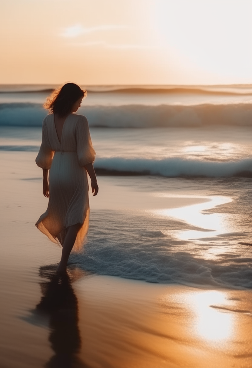 A beautiful, white-skinned woman, with a slim body and elegant clothes, walks on a sandy beach with waves behind her and the sun at sunset. 