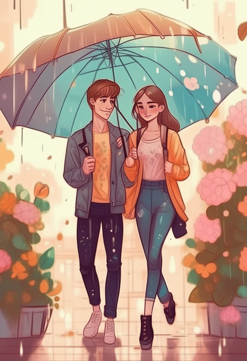 A beautiful man with clear features and body, with his lover, walking, carrying umbrellas, and the weather is raining inside the city, and next to them are flowers and a garden. 