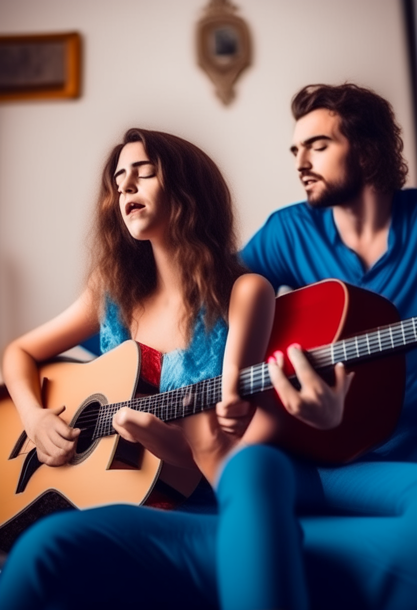 A beautiful man sings to his lover while playing the guitar in a large room, especially the colors red and blue 