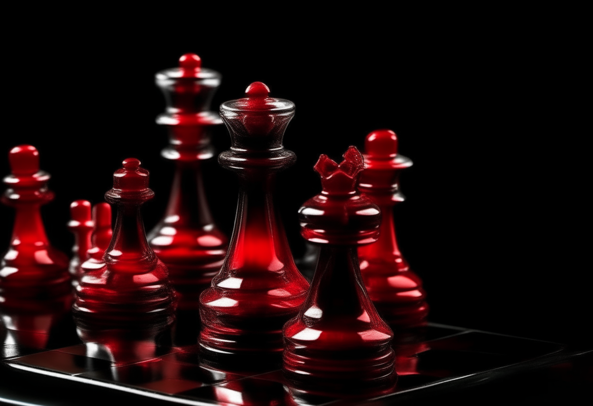 elegant red glass chess, hig contrast, shines, black background