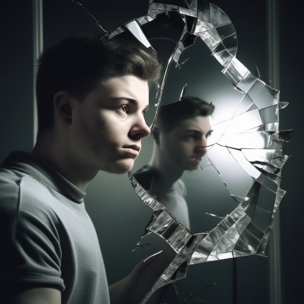 a metaphorical scene depicting the toll of addiction through a cracked mirror reflecting a distorted self-portrait