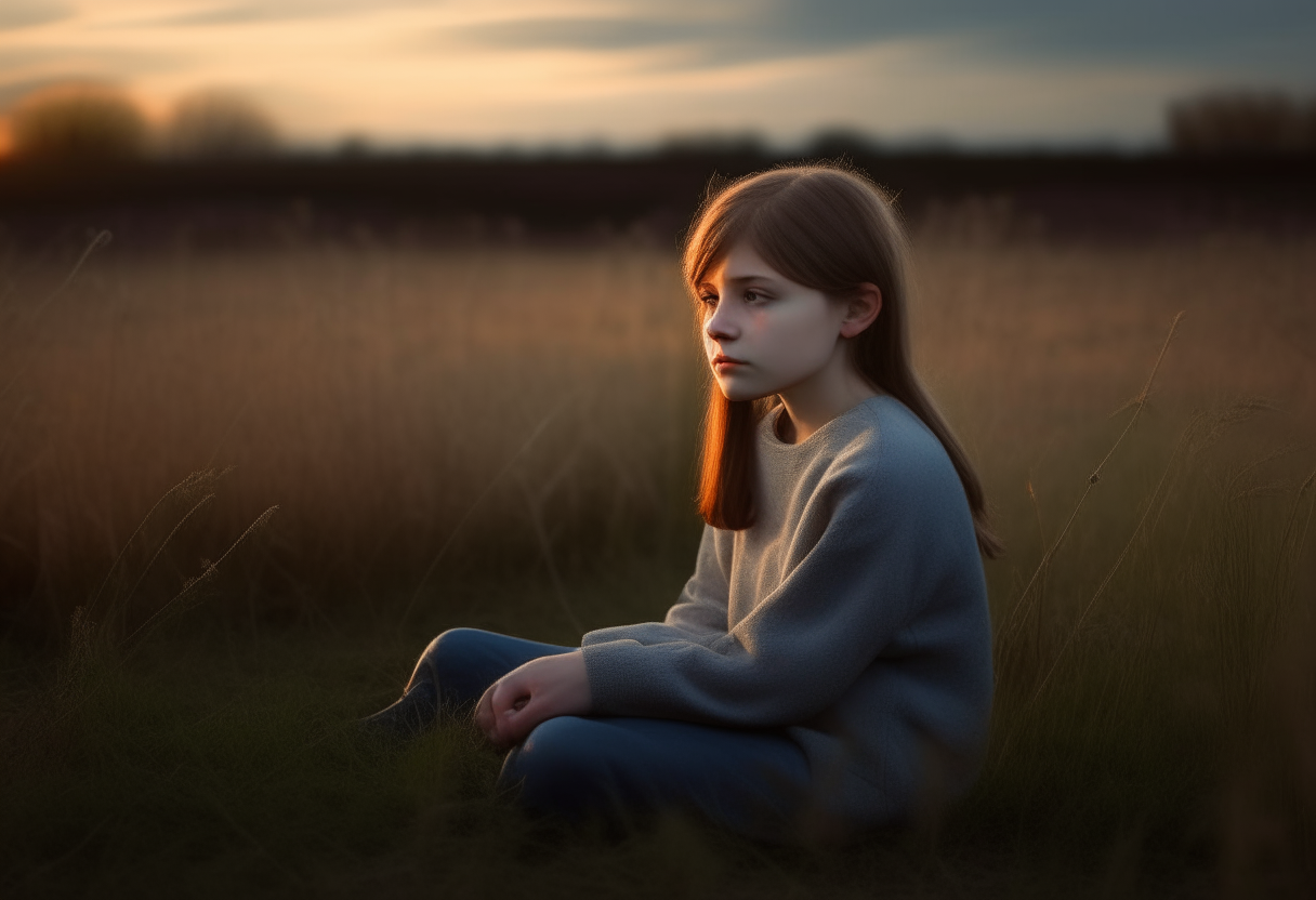 A young girl sitting alone in a field at dusk, lost in thought, her expression suggesting visions beyond what others might see