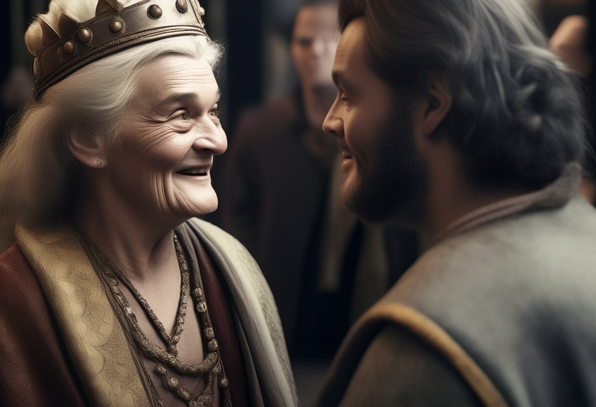 A handsome king talking with an old woman 