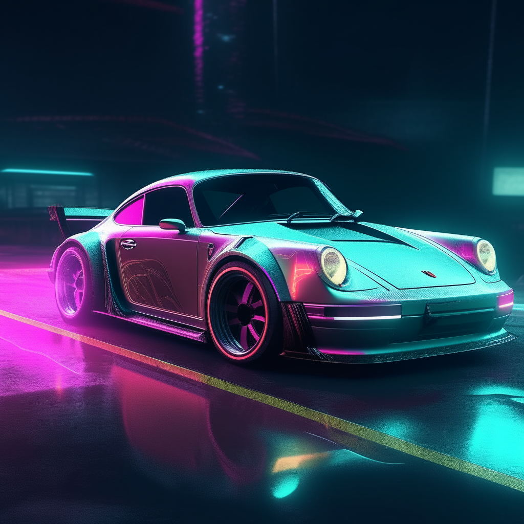 A futuristic Porsche 911 sports car, low slung with glowing neon accents and a transparent canopy