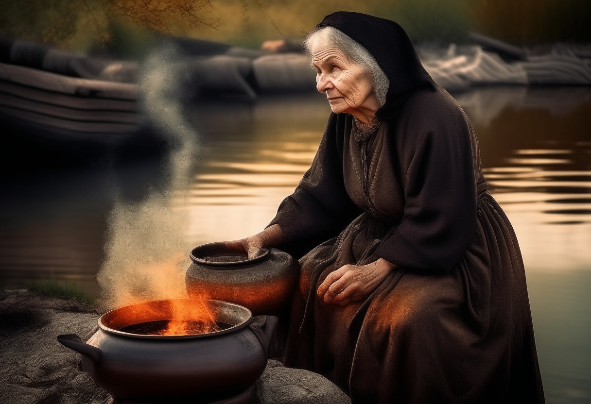  an old woman with a cauldron near a river 