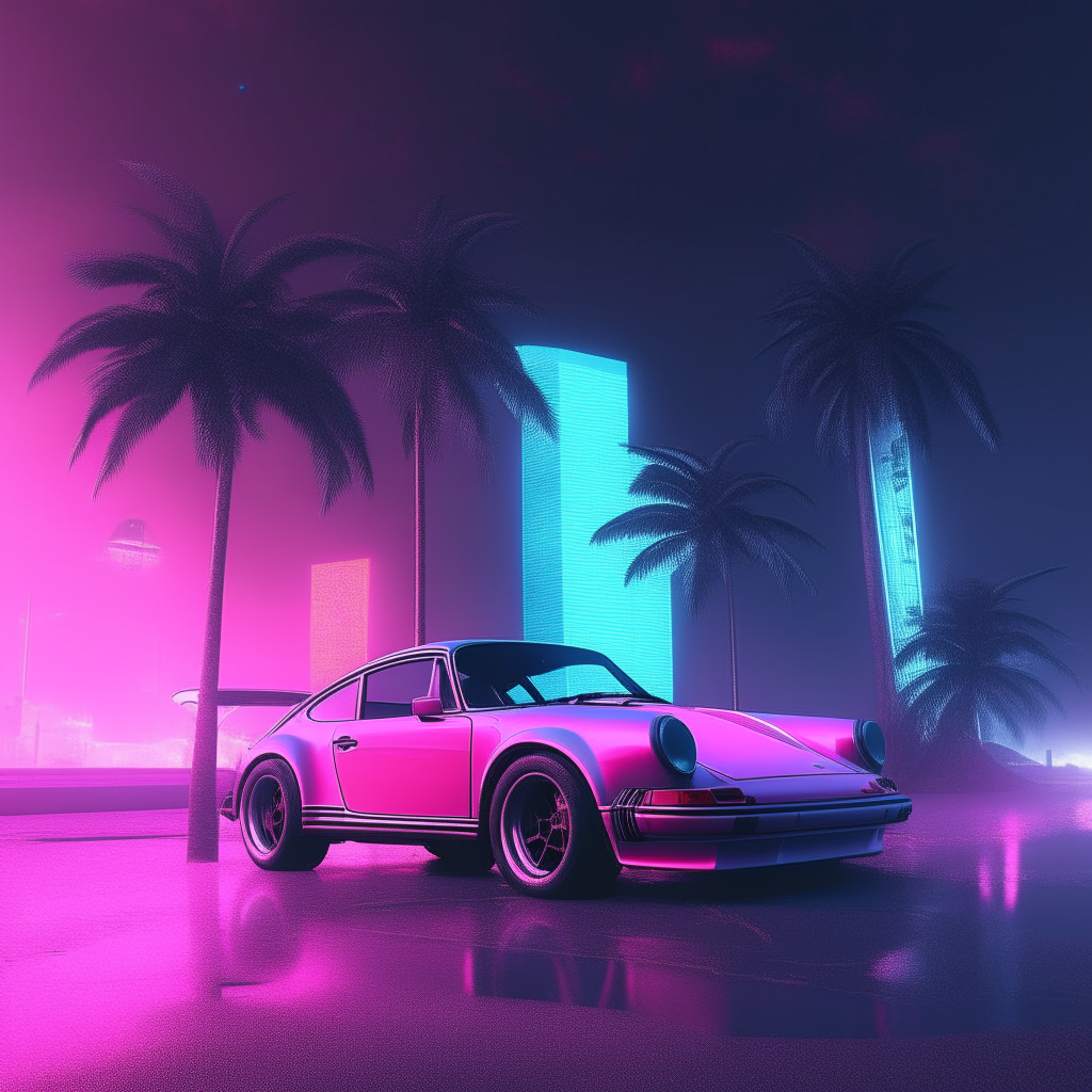 A futuristic Porsche 911 parked at night drives away from a tall pink and blue neon skyscraper, with palm trees and retro vaporwave aesthetics