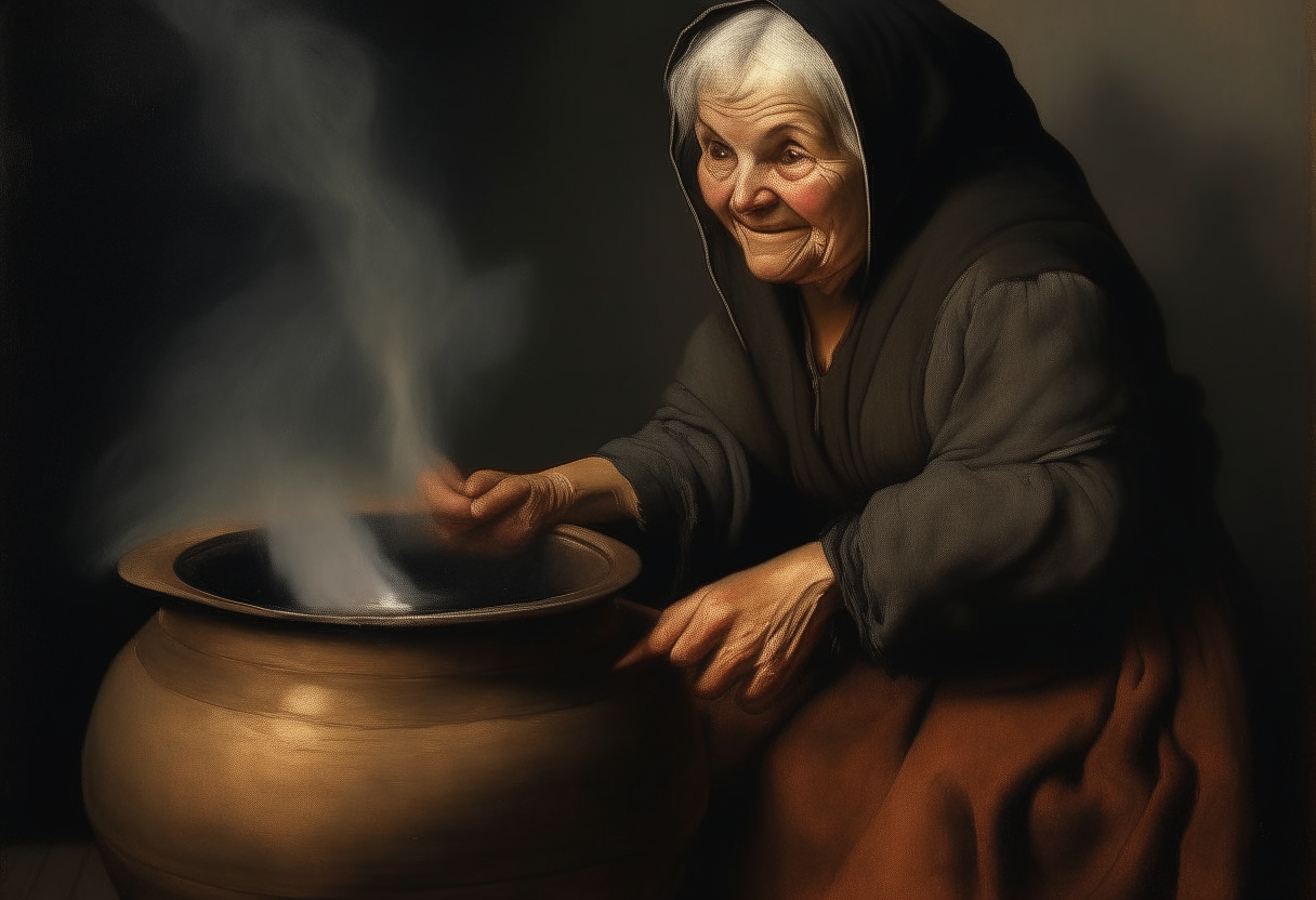 A old woman with a cauldron