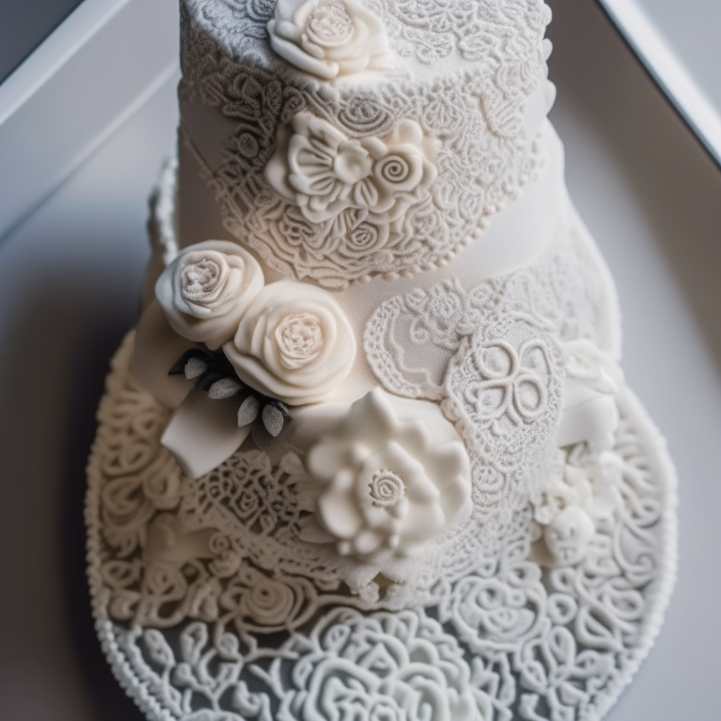 a 3 tier white wedding cake with intricate floral designs, viewed from above a white 5 tier wedding cake with pearls and lace patterns, aerial view a simple 3 layer wedding cake with white frosting, seen from top down perspective