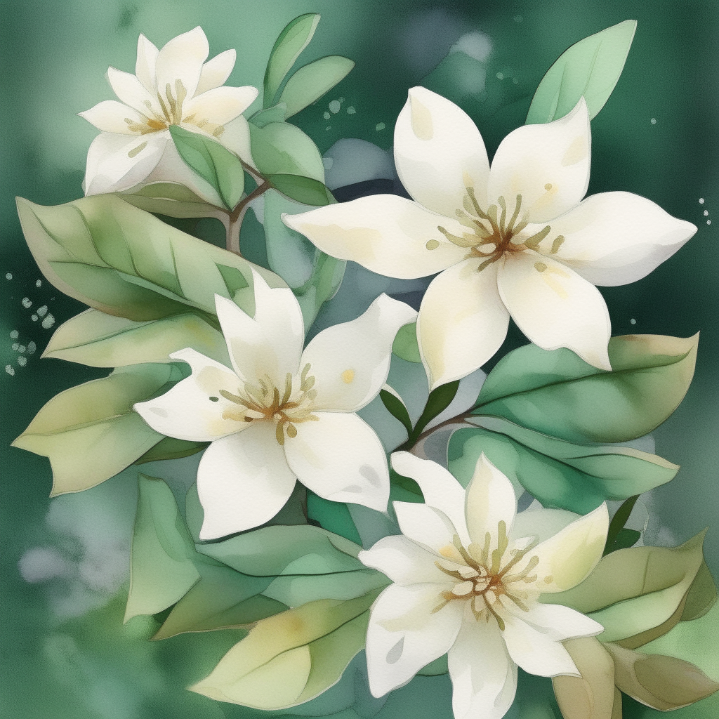 a beautiful watercolor illustration of the white flowers and green leaves from image 1, on a textured paper background