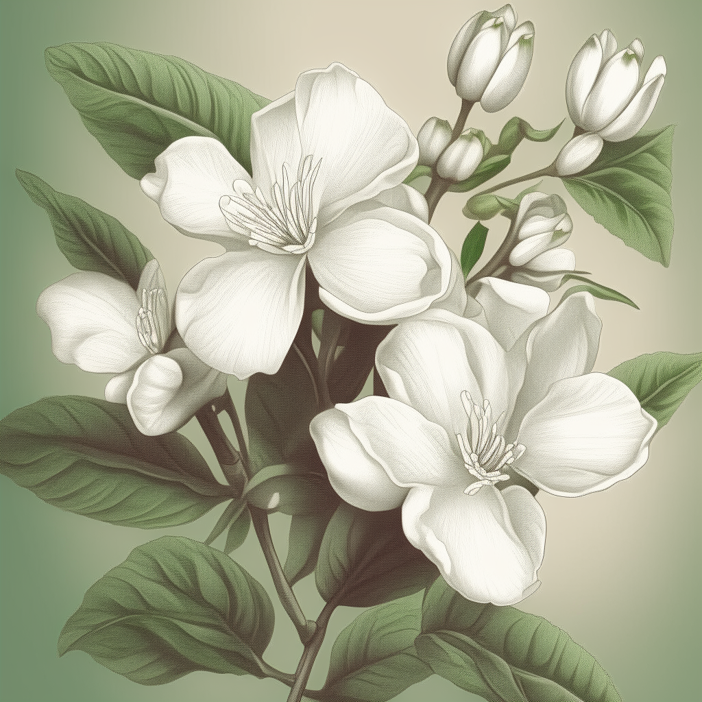 a detailed pencil sketch illustration of the white flowers and green leaves from image 1, with shadows and texture