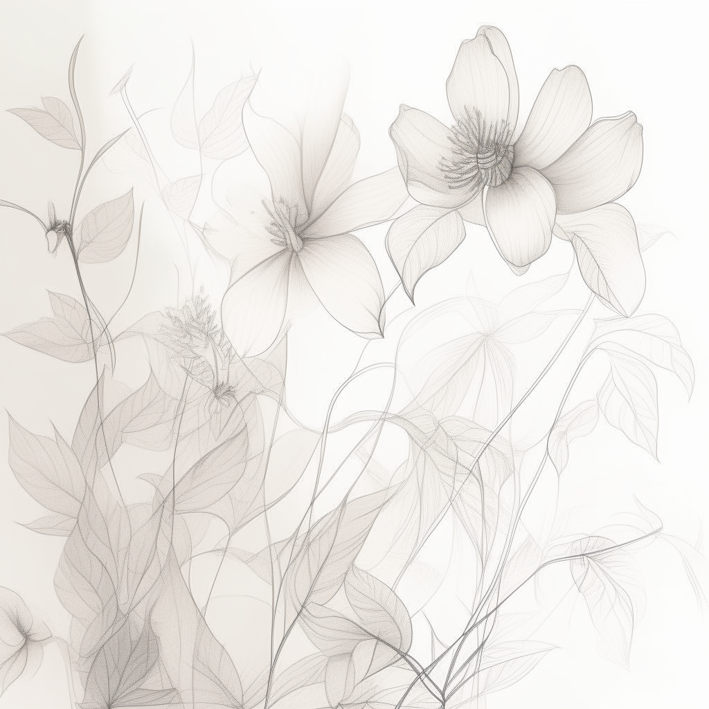 a delicate pencil drawing illustration of the flowers and leaves from image 1, with light, wispy lines and minimal shading