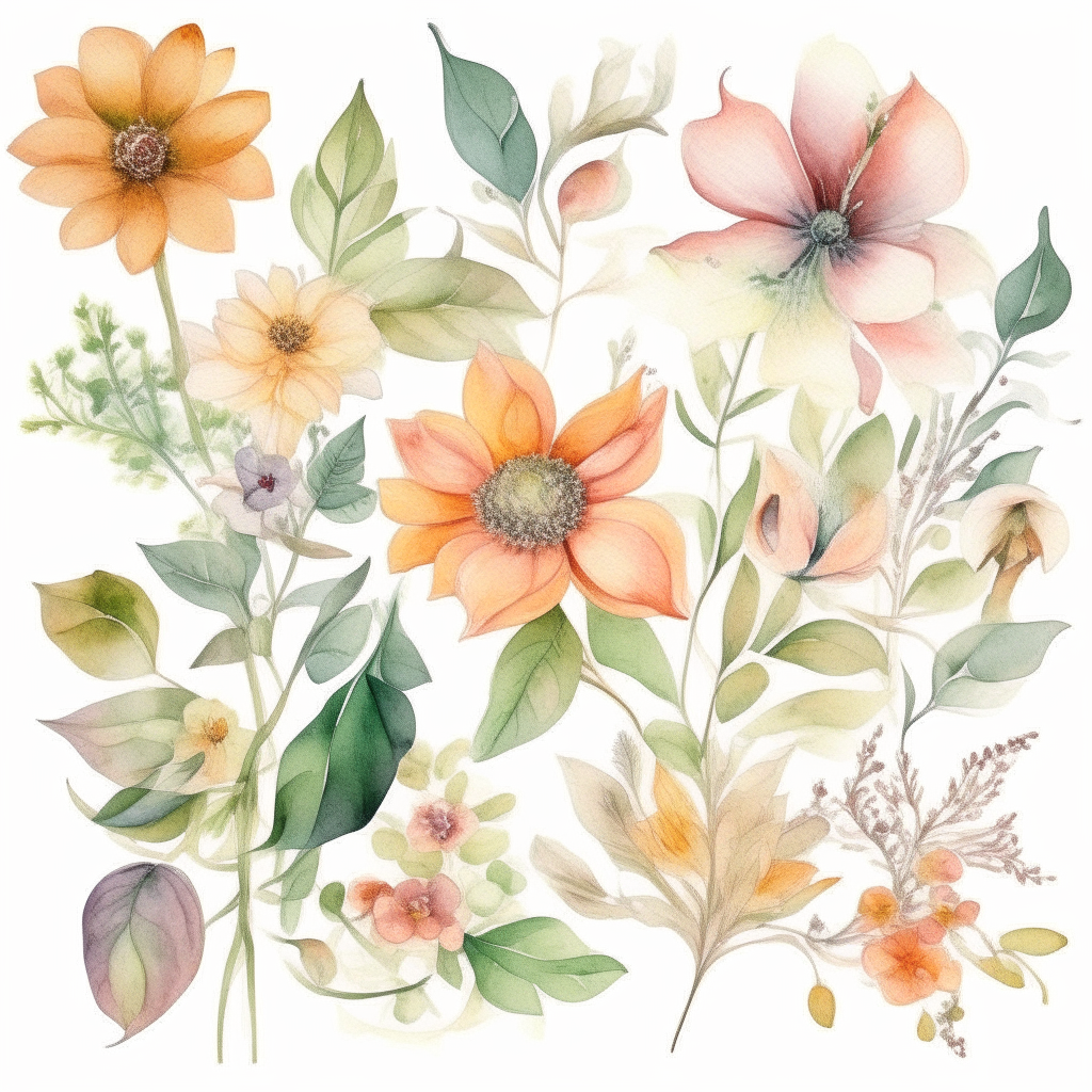 a delicate watercolor illustration of the flowers and leaves from image 6, preserving all details