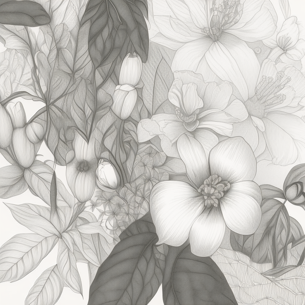 a pencil drawing illustration of the flowers and leaves from image 6, with fine lines and shading to capture the textures