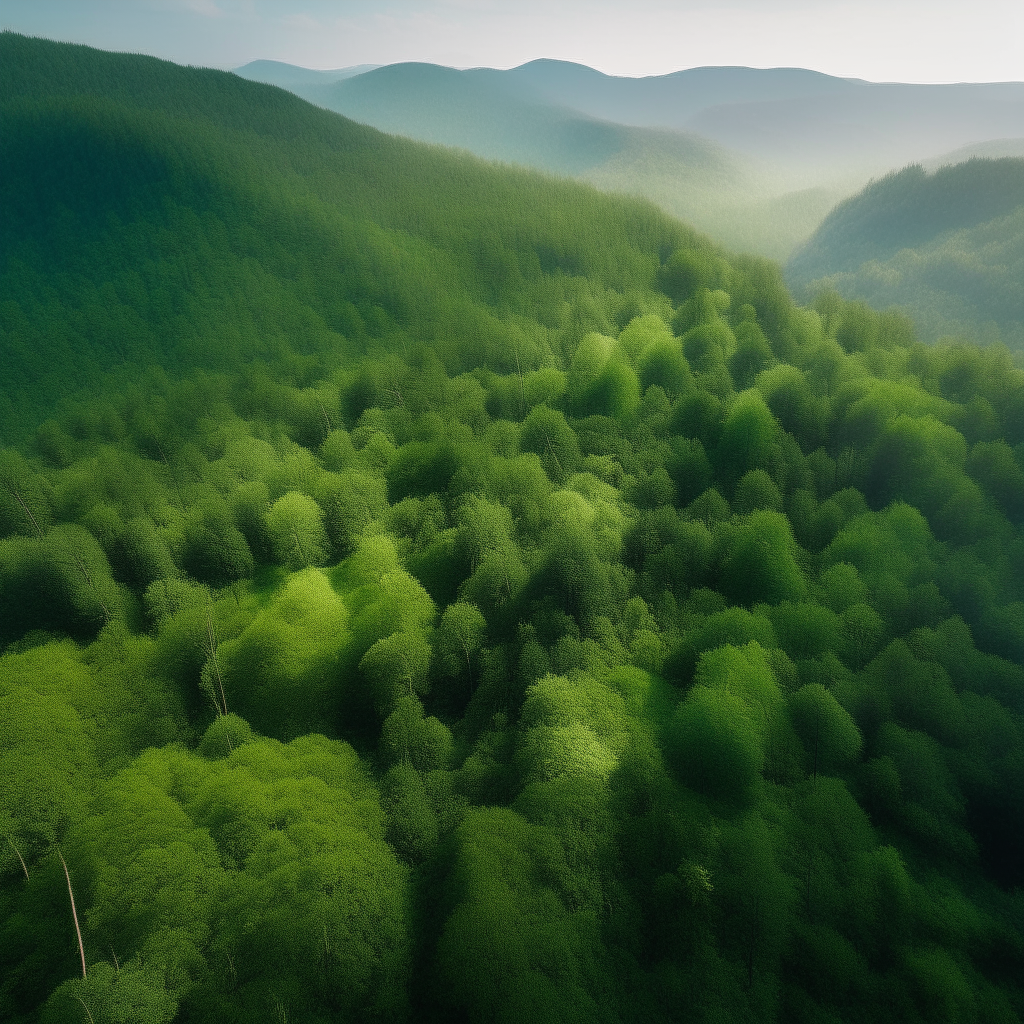 an aerial view of a lush green forest surrounded by mountains, with a sense of inner peace and connection to nature
