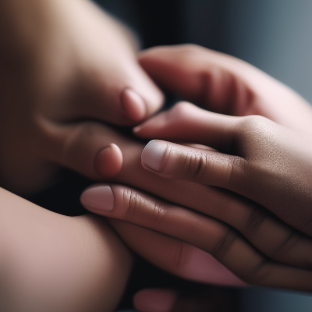 a close-up of two hands holding each other, representing human connection and support