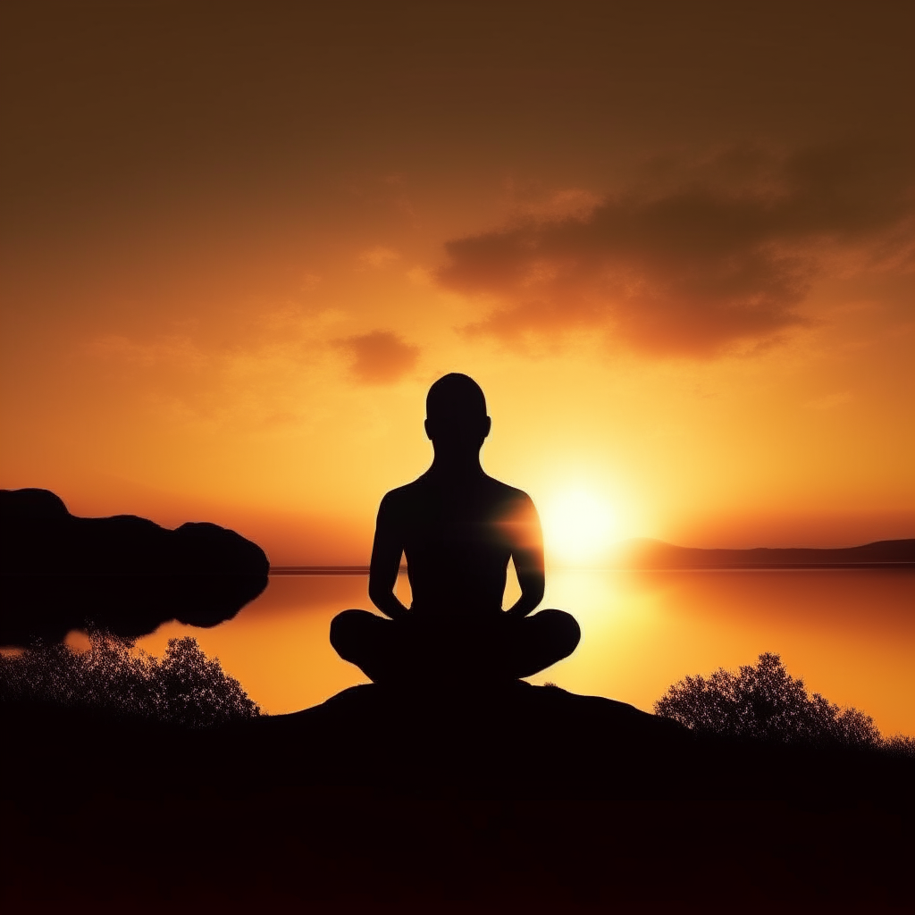 a silhouette of a person meditating at sunset, feeling inner peace through spirituality