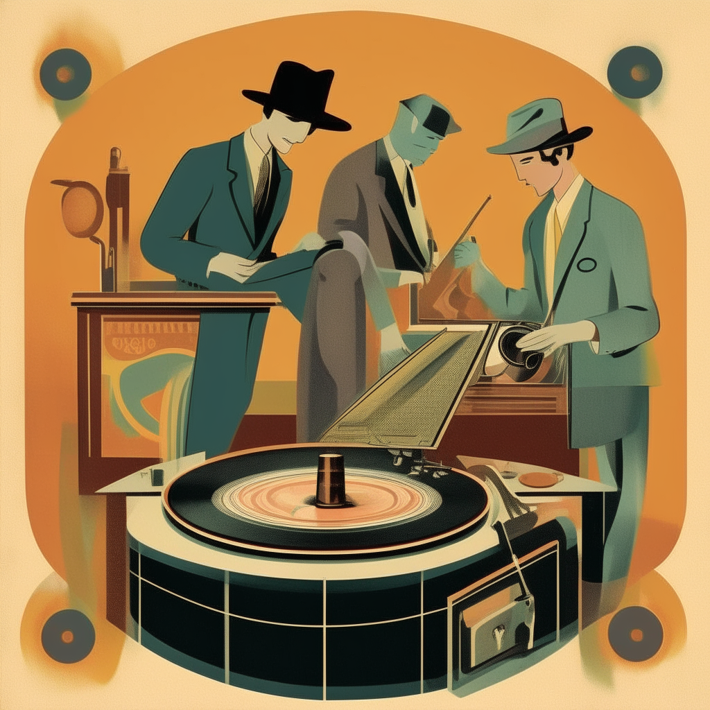 a vintage record player from the 1930s, playing a vinyl record with an illustration of a jazz band on the cover