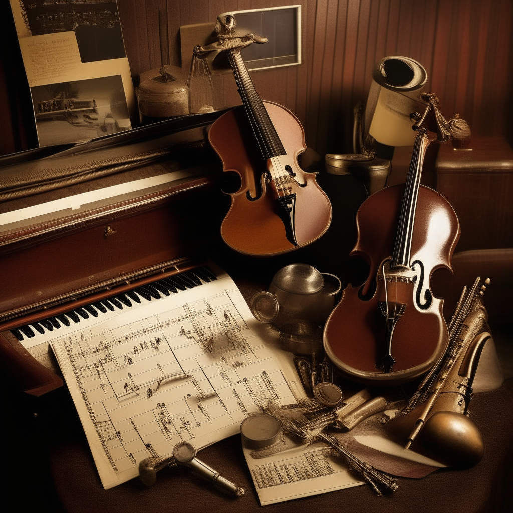 sheet music and instruments from the big band era, evoking nostalgia for 1940s swing dance halls